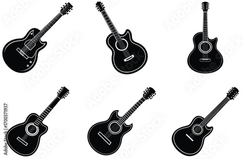 Six Black Silhouette Icons of Guitars Including Acoustic and Electric Models on a White Background