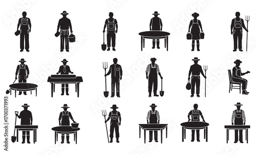 Collection of silhouette figures depicting farmers and market vendors engaged in various activities