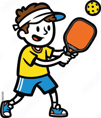 Cartoon man playing pickleball with paddle and ball. Vector illustration for concepts related to modern sports, outdoor activities, healthy lifestyle, or recreational fitness