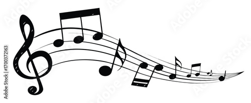 Musical note. Staff treble clef notes musician concept vector isolated on transparent background. Illustration of music sound, tune bass treble, vector illustration.