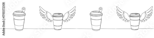 Seamless border in the form of alternating disposable coffee cups with wings and location markers, design for coffee delivery, isolated vector image in line style on transparent background
  