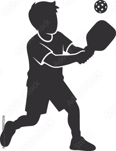 Cartoon man playing pickleball with paddle and ball. Vector illustration for concepts related to modern sports, outdoor activities, healthy lifestyle, or recreational fitness
