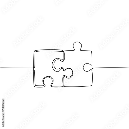 Two puzzle pieces connecting in minimalist line art style, isolated vector image on transparent background, symbol of finding solutions to psychological problems
  