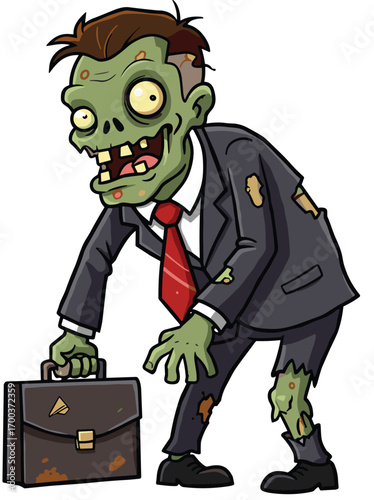 Cartoon zombie businessman in tattered suit carrying briefcase, undead office worker, funny creepy character, Halloween horror undead illustration