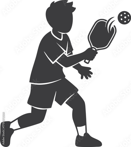 Cartoon man playing pickleball with paddle and ball. Vector illustration for concepts related to modern sports, outdoor activities, healthy lifestyle, or recreational fitness