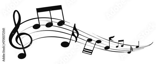 Musical note. Staff treble clef notes musician concept vector isolated on transparent background. Illustration of music sound, tune bass treble, vector illustration.