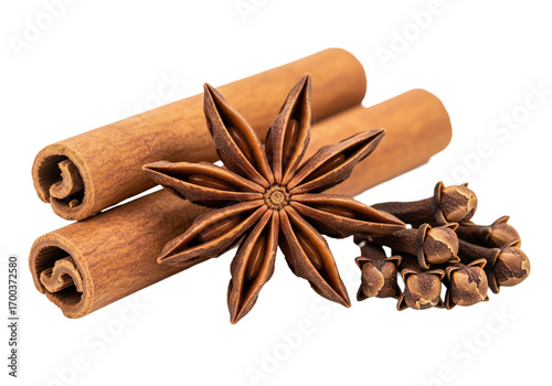 Fototapeta Naklejka Na Ścianę i Meble -  Autumn spices PNG transparent background isolated white fall seasoning set cinnamon stick star anise cloves
