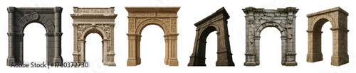 Ancient arch set including ornate, plain, weathered, and ruined styles isolated. Historical architecture and fantasy design elements.
