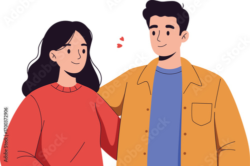 Young couple standing together, smiling and showing affection, man with arm around woman, casual clothing, warm relationship