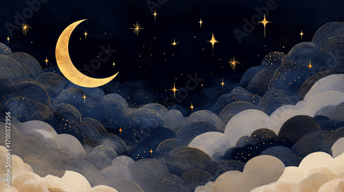 Crescent moon with stars and clouds in night sky illustration