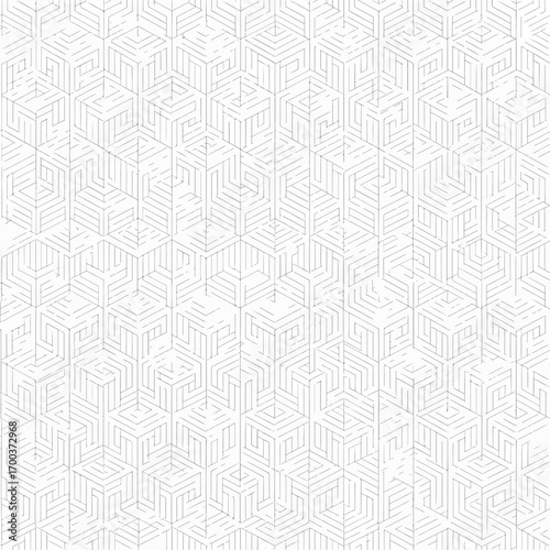 Intricate isometric cube pattern with a geometric maze design and line art style, seamless pattern, royalty free stock.