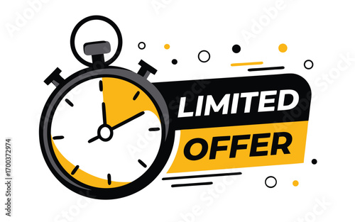 Limited offer with clock for promotion, banner, price. Super promo with countdown or exclusive deal. Last minute offer one day sales and timer. Last minute chance Auction, 