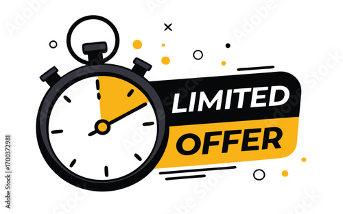 Limited offer with clock for promotion, banner, price. Super promo with countdown or exclusive deal. Last minute offer one day sales and timer. Last minute chance Auction, 