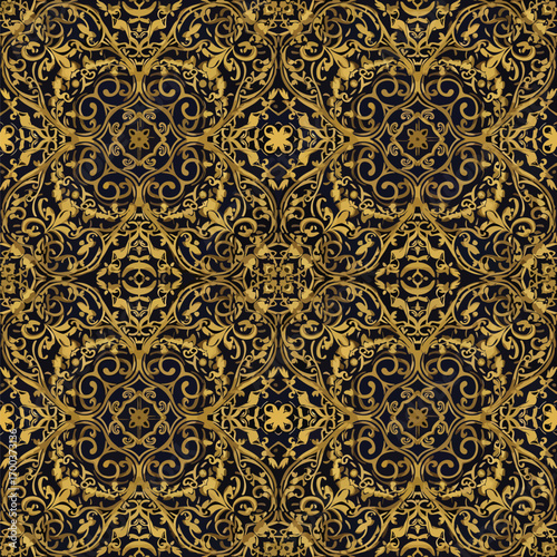 Intricate gold floral arabesque pattern on a dark backdrop for elegant design projects, seamless pattern, Stock royalty image.