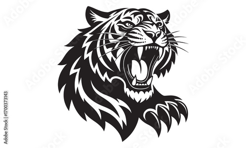 Silhouette of an Angry Tiger Face Roaring in Wild Nature