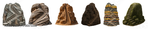 Ancient rock formation and stairs set including weathered, layered, mossy, and sandstone variations isolated. Fantasy and game assets collection.
