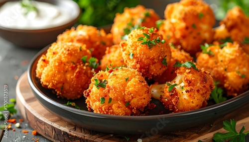 Crispy fried cauliflower bites, golden brown and crunchy, are arranged on a dark plate, garnished with fresh herbs.