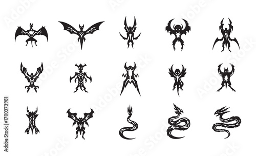 Collection of dark fantasy monster silhouettes for game design and thematic graphics