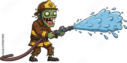 Cartoon zombie firefighter spraying water hose, undead fireman in uniform, scary Halloween character, spooky emergency responder illustration