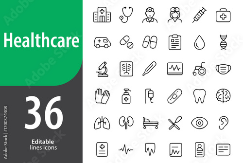 Healthcare Line Icons, Medical, Hospital, Doctor, Nurse, First Aid, Medicine, and More, Vector Icons Set, Ideal for Both Digital and Print Use  
