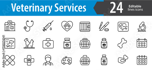 Veterinary Services Line Icons, Pet Care, Animal Clinic, Vet Doctor, Medical Cross, Dog, Cat, Bird, Fish, and More, Vector Icons Set, Ideal for Both Digital and Print Use 
