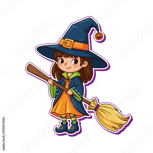 Girl in full witch costume with broom Halloween sticker on transparent background