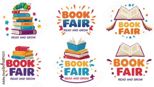 Colorful Children’s Book Fair Logo Set – Vibrant Reading, Education, and Learning Emblem Designs