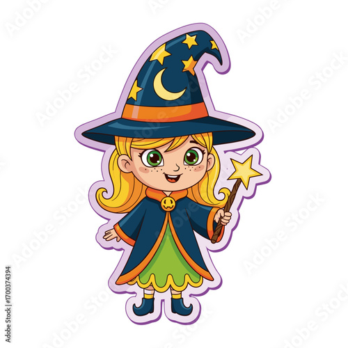 Little girl in witch costume with magic wand sticker on transparent background