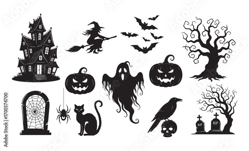 Halloween icons silhouette collection spooky haunted house ghost witch bats pumpkins spider cat raven