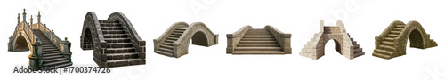 Stone staircase set including ornate, dark, smooth, and weathered arched designs isolated. Architectural elements for design, historical, and fantasy projects.