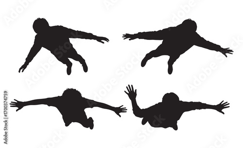 Dynamic silhouette silhouettes of four people falling or floating in space