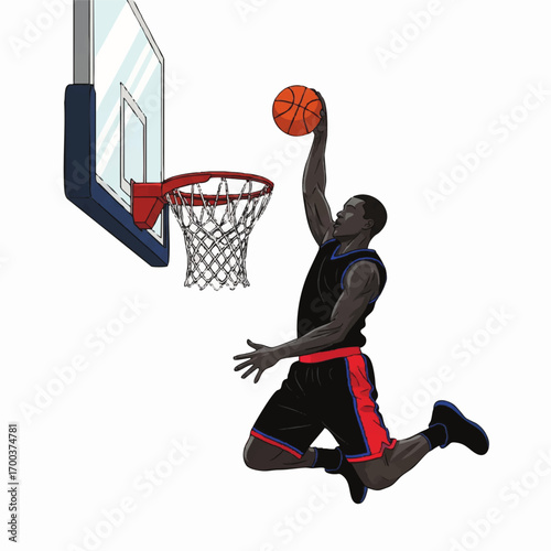 Dynamic Vector Illustration of a Basketball Player Dunking in Modern Style with Bold Black and Red Color Scheme