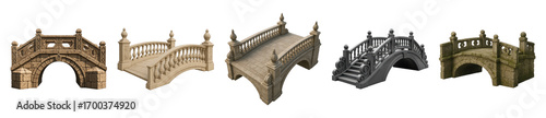 Decorative stone bridge set including classical, medieval, rustic, and ornate designs isolated. Digital architecture and fantasy game assets.