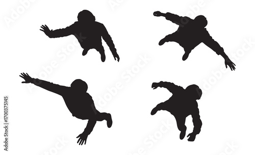 Four dynamic black silhouettes of people falling or moving viewed from above