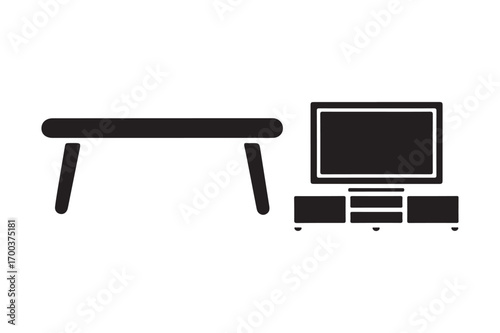Simple black silhouette of a desk and entertainment center