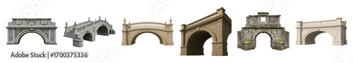 Stone bridge and arch set including classical, ancient, ruined, and ornate balustrade styles isolated. Architectural elements collection.