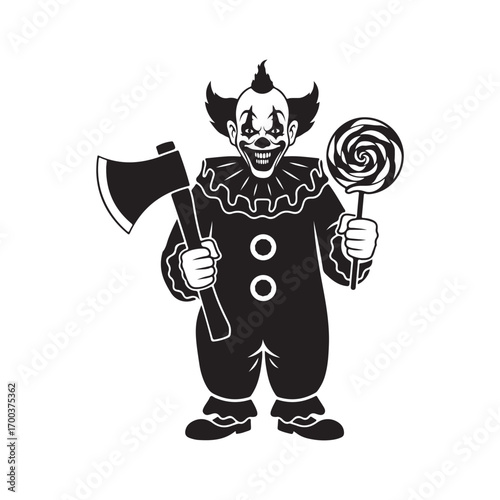 black and white creepy clown illustration holding axe and lollipop – horror circus character with wild hair and eerie grin.