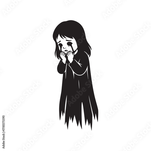  ghostly crying child in tattered dress – black and white emotional vector illustration with eerie, supernatural vibe.