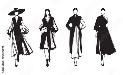 Chic fashion lineup elegant women in stylish outerwear and hats sketch