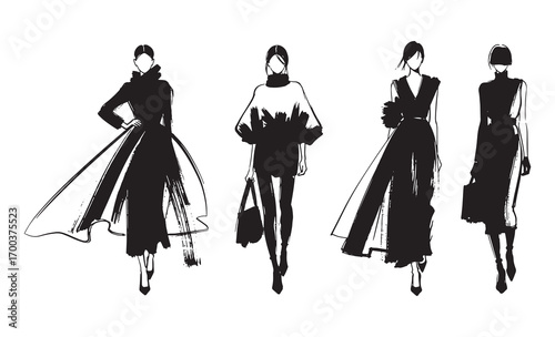 Elegant fashion illustrations of four models in chic attire showcasing style