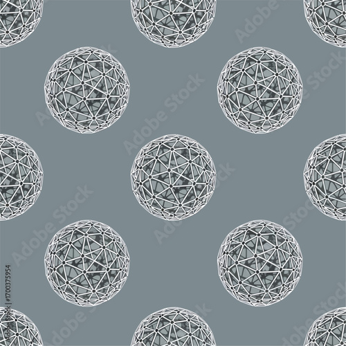 Geometric sphere pattern with interconnected lines and nodes on gray backdrop, patern seamless, Stock royalty image.