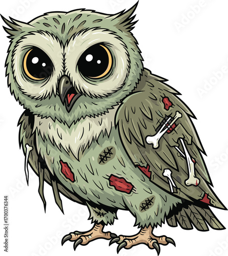 Cartoon zombie owl with big eyes, undead owl with bones and wounds, spooky undead bird, scary zombie owl character art zombie owl with big eyes, undead owl with bones and wounds, spooky undead 
