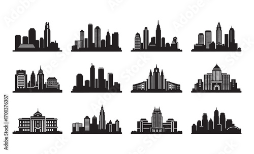 Collection of silhouette city skylines representing urban architecture and downtown districts