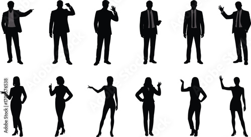 Silhouettes of business men and women, formal attire, diverse poses, hand gestures, standing figures, corporate style, professional communication