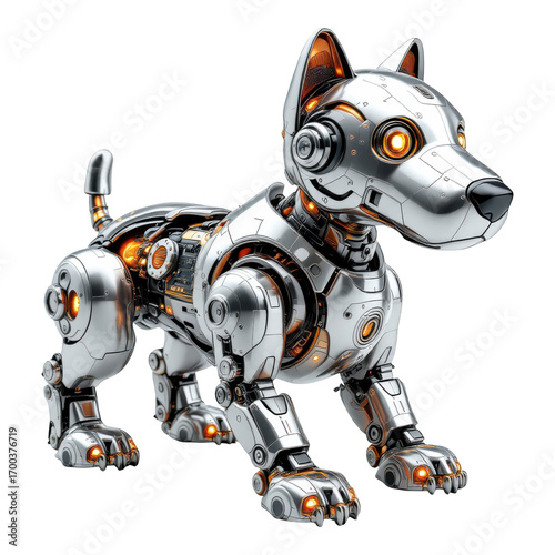 Futuristic metallic robotic dog with glowing orange details on black background.