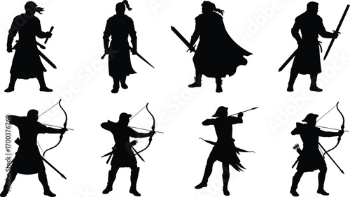 Silhouettes of medieval warriors with swords and archers with bows, in action and standing poses, fantasy combat, historical battle illustration