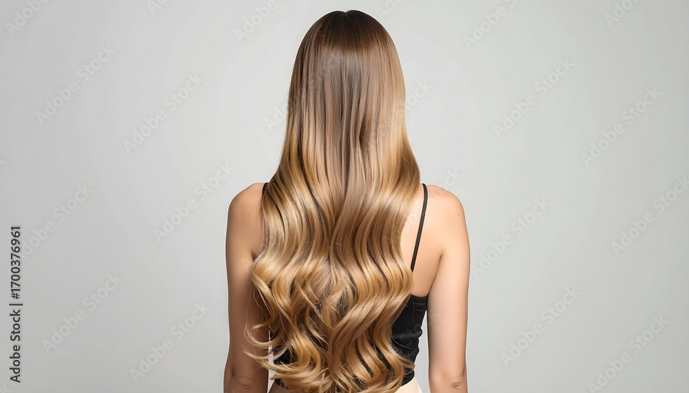 Fototapeta premium A woman's gorgeous, healthy-looking, wavy blond hair cascades down her back against a neutral backdrop.