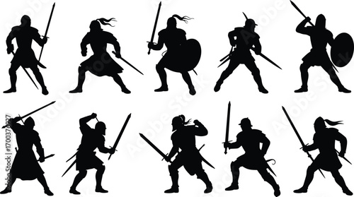 Silhouettes of medieval warriors with swords and shields, battle poses, ancient fighters, combat action stances, vector illustration on white