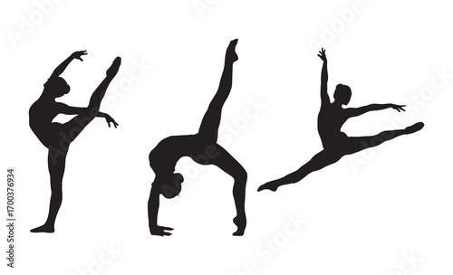 Dynamic ballet dancer silhouettes poses elegance flexibility gymnastics performance art graceful movement