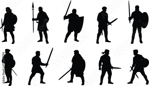 Silhouettes of medieval warriors with swords and shields, battle stances, ancient fighters, combat poses, heroic warriors, vector illustration, isolated on white